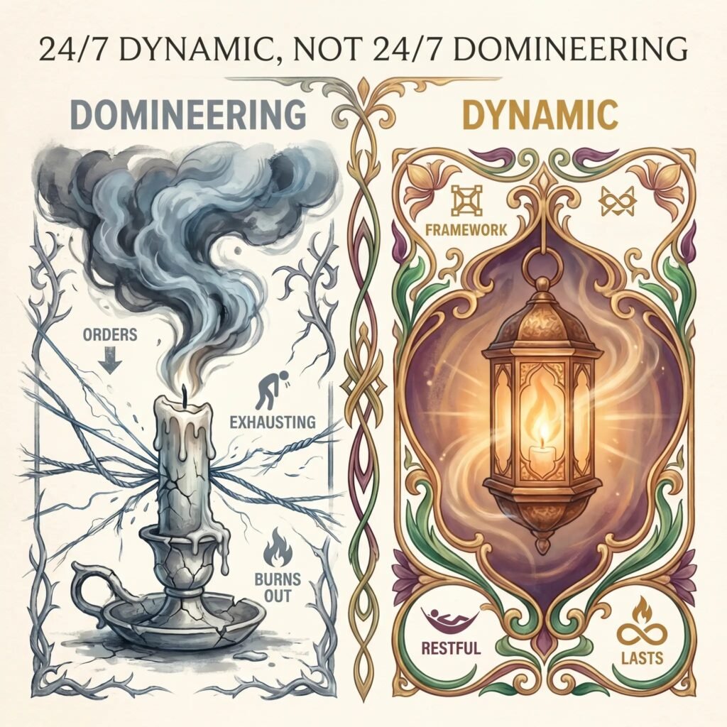Two-column infographic contrasting exhausting domineering with a restful, lasting 24/7 Female-Led Relationship dynamic framework.