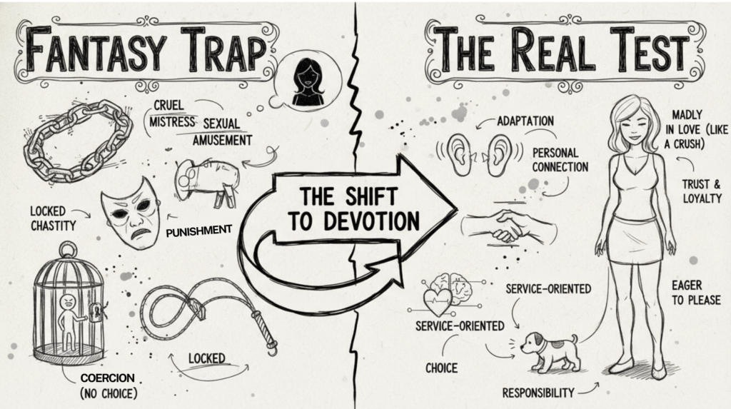 A comparison chart showing the difference between erotic fantasies and the real-world adaptation required in a devotional FLR