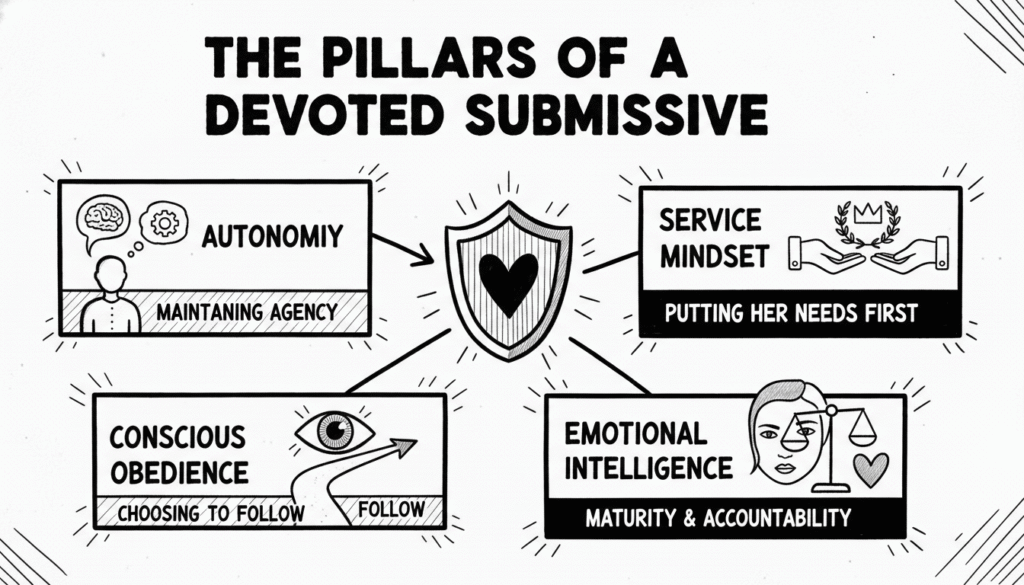 An infographic outlining the core qualities of a submissive man, highlighting autonomy, service, obedience, and emotional intelligence
