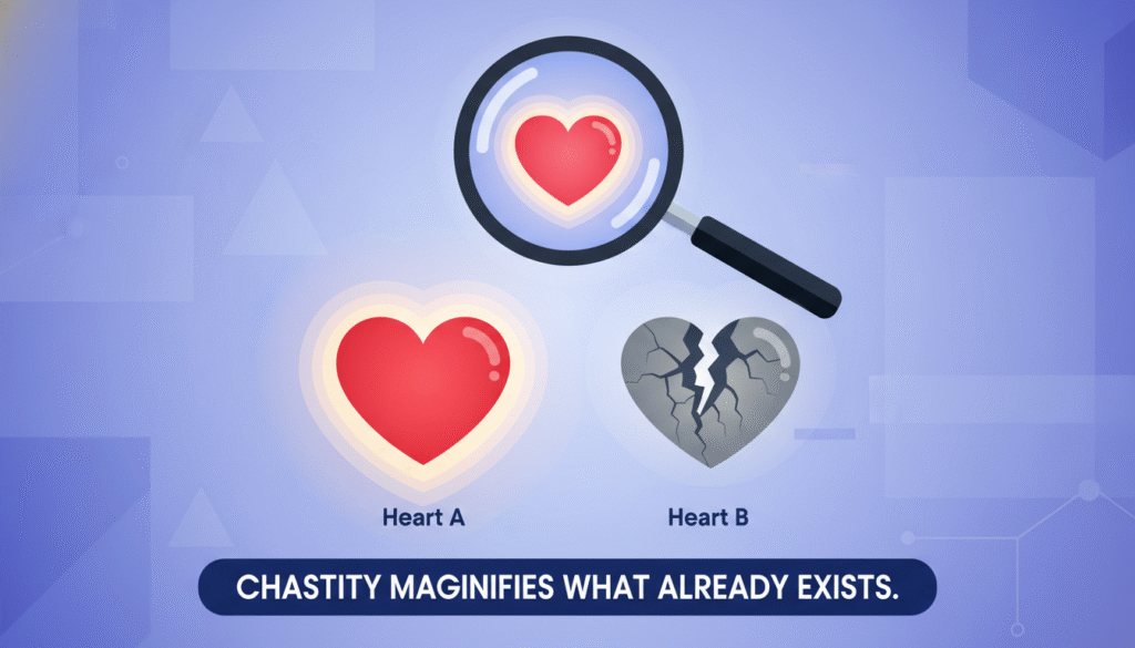 A visual metaphor showing how chastity acts as a magnifying glass, making healthy relationships stronger and exposing cracks in struggling ones.