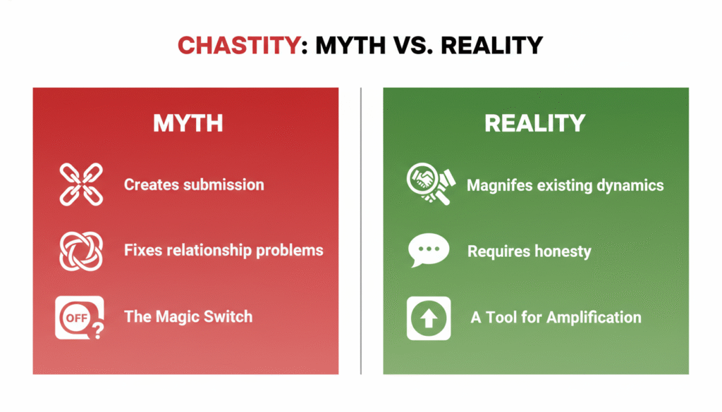 "An infographic contrasting common myths about male chastity with the realities discussed in the blog post