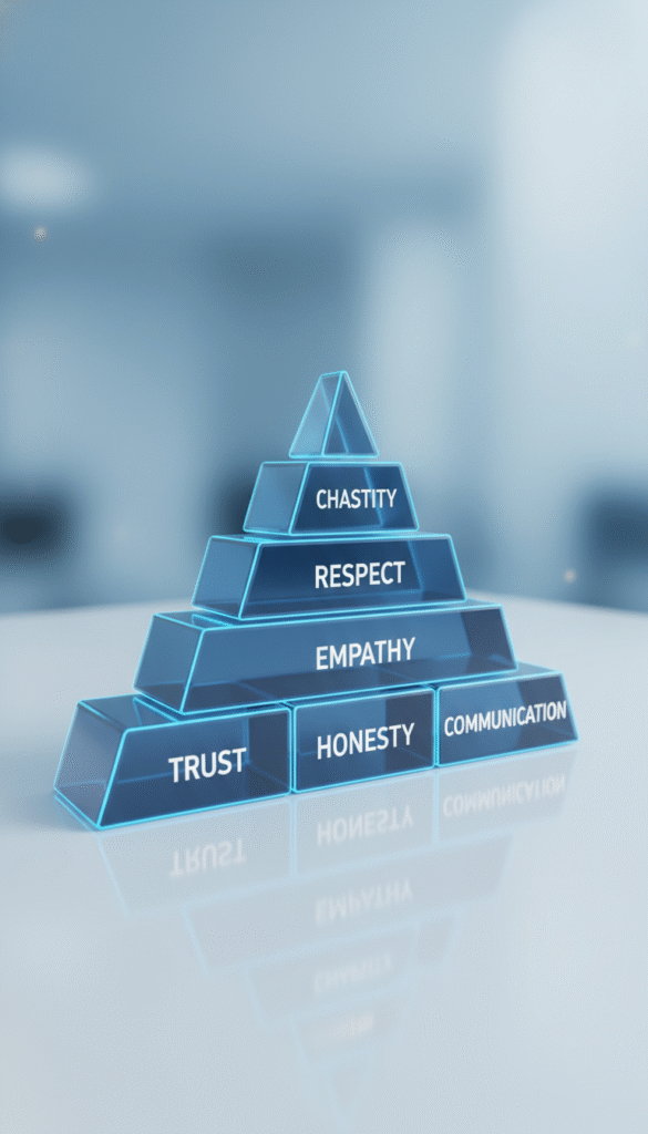 A pyramid diagram showing that trust, honesty, and communication are the necessary foundations beneath the 'tool' of chastity.