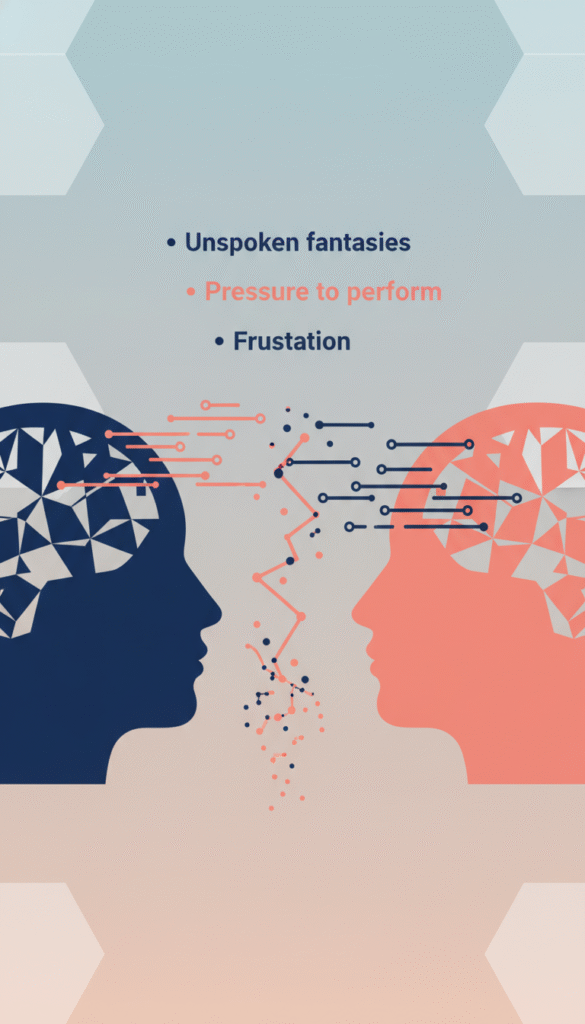 A data-visual infographic showing two human heads in profile with a wide chasm between them. Text bullets: Unspoken fantasies, Pressure to perform, Frustration. Modern UI/UX style, coral and navy color palette