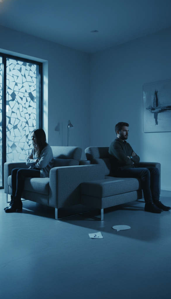 A frustrated couple sitting on opposite ends of a stylish modern sofa, looking away from each other in cold blue atmospheric lighting, symbolizing miscommunication and unspoken expectations, 8k resolution.