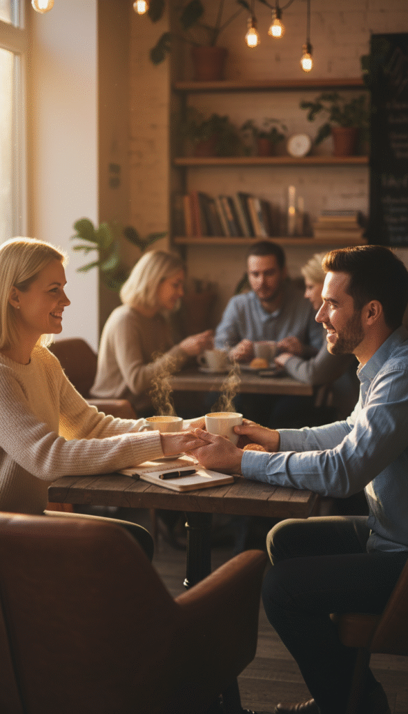 A warm, intimately lit scene of a confident woman gently holding her smiling partner's hands across a cozy cafe table, golden hour lighting, symbolizing deep connection, trust, and authentic communication