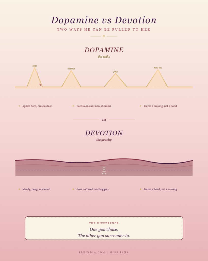 Two pulse charts comparing dopamine (sharp spikes that crash) versus devotion (a steady deep wave with an anchor).
