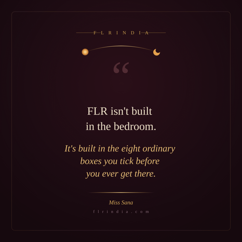 Quote card stating FLR isn't built in the bedroom but in daily rituals, attributed to Miss Sana.