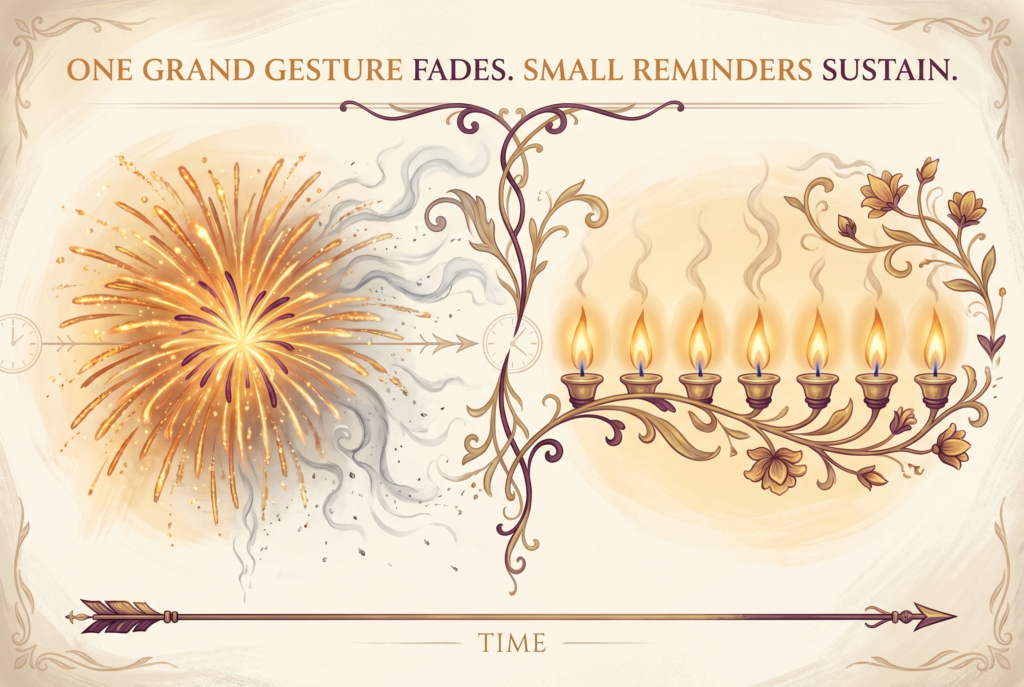 Infographic showing a single firework fading to ash beside steady candle flames, on sustaining attraction in a Female-Led Relationship.