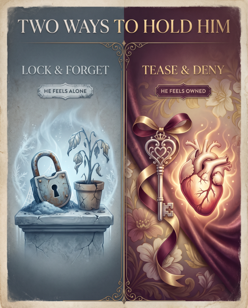 Chastity comparison infographic: lock and forget leaves him feeling alone, tease and deny leaves him feeling owned
