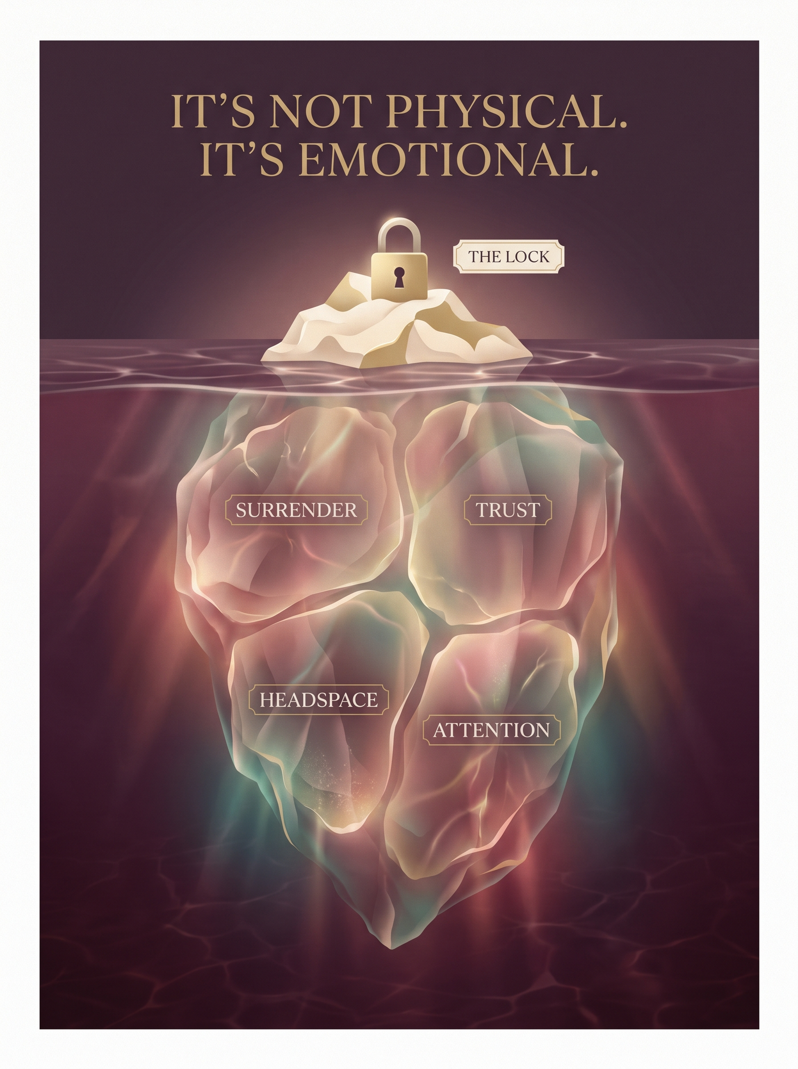 Chastity iceberg infographic: a small lock above water with surrender, trust, headspace and attention beneath the surface