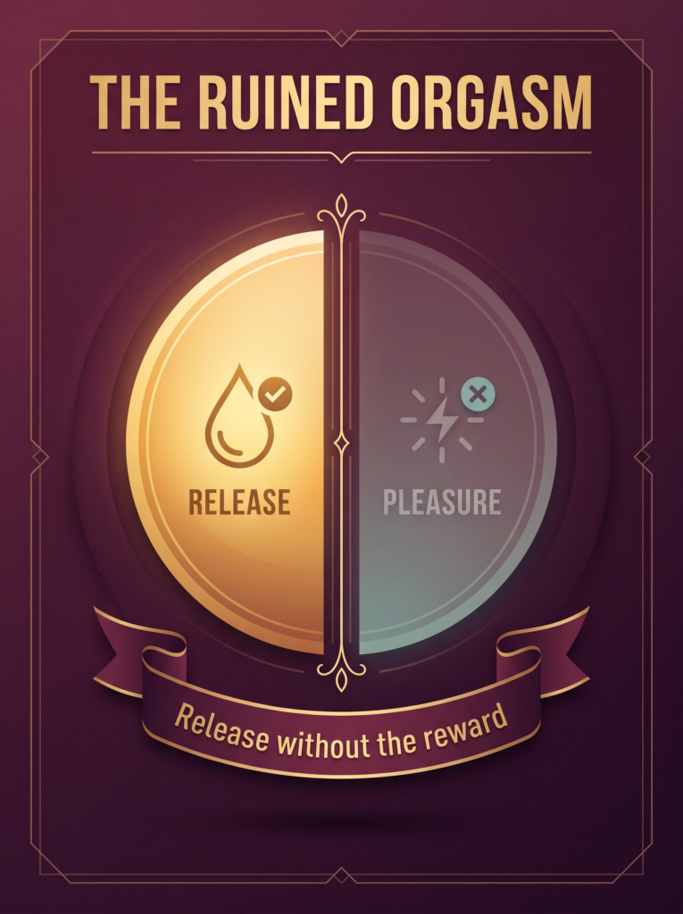 Ruined orgasm infographic emblem: one half lit for release, the other dimmed for the missing pleasure and reward.