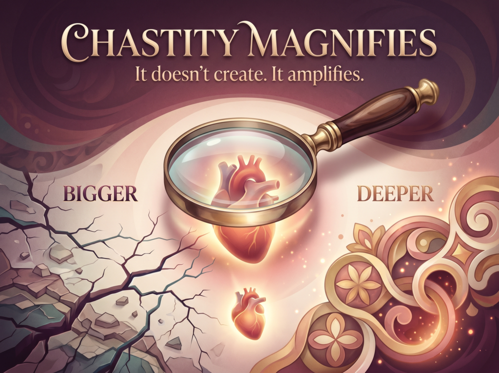 Tease and denial chastity infographic: a magnifying glass over a heart showing problems grow bigger and intimacy grows deeper