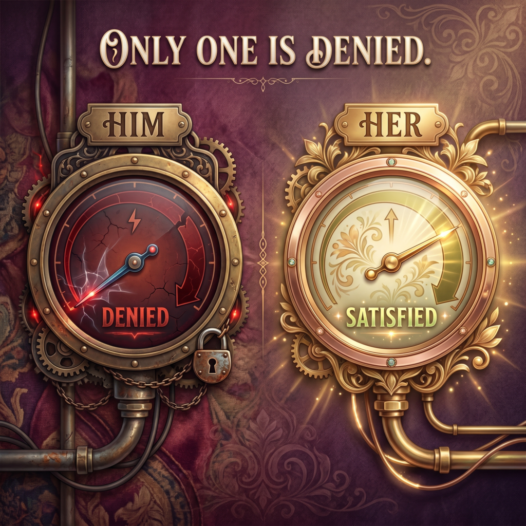 Tease and denial gauge graphic: his gauge pinned at denied while her gauge sits full at satisfied