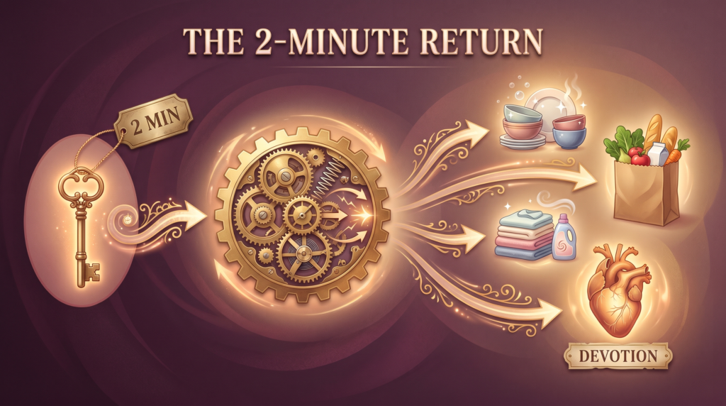 Tease and denial infographic: two minutes of teasing flowing through gears into chores done and a man's daily devotion