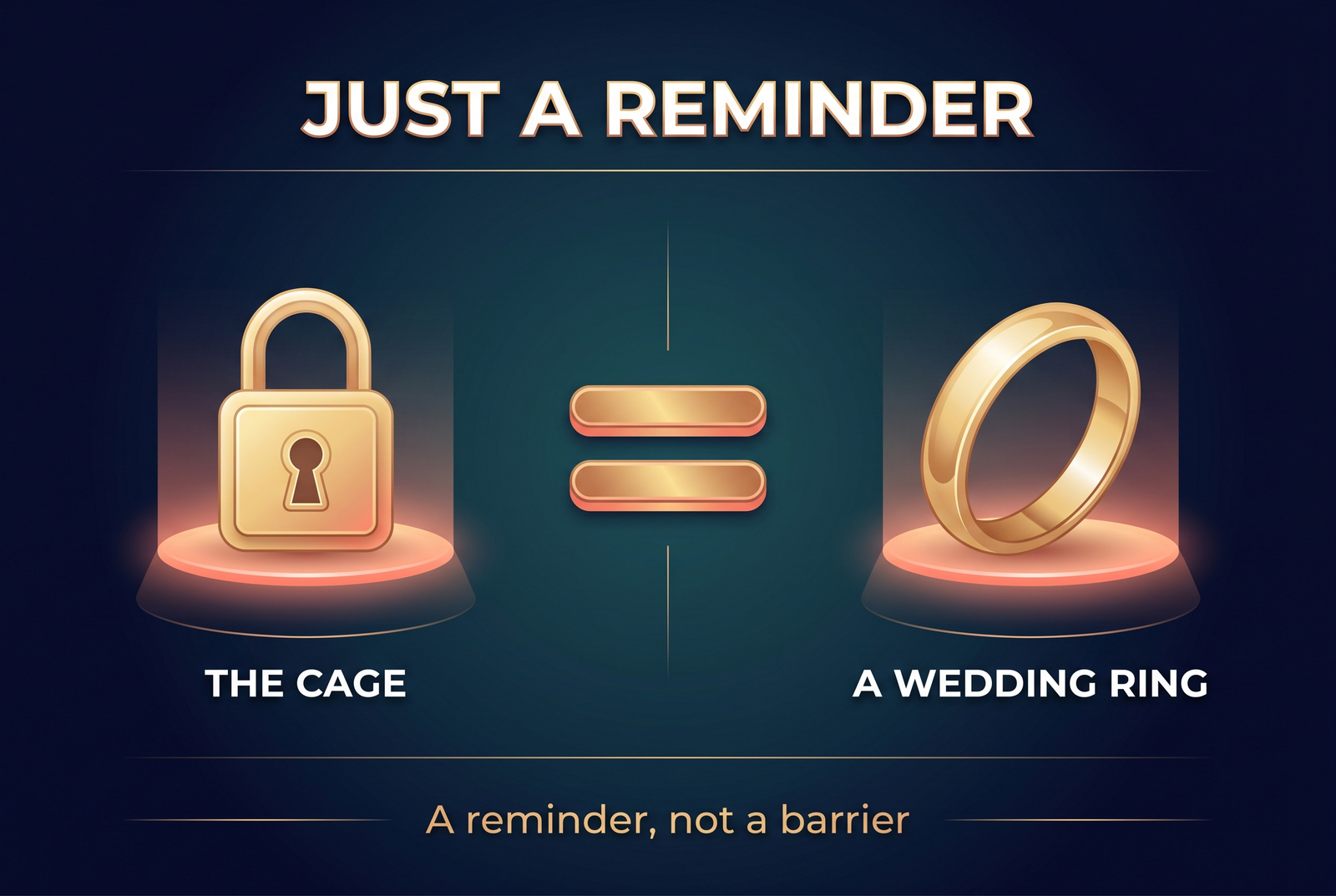 Infographic comparing a chastity cage to a wedding ring, both reminders of commitment rather than physical barriers.