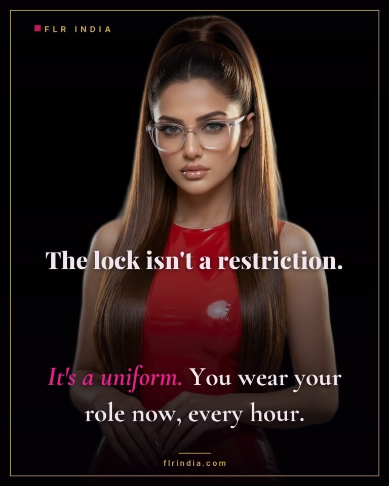 Femdom caption — wife frames the chastity device as the uniform of his role.