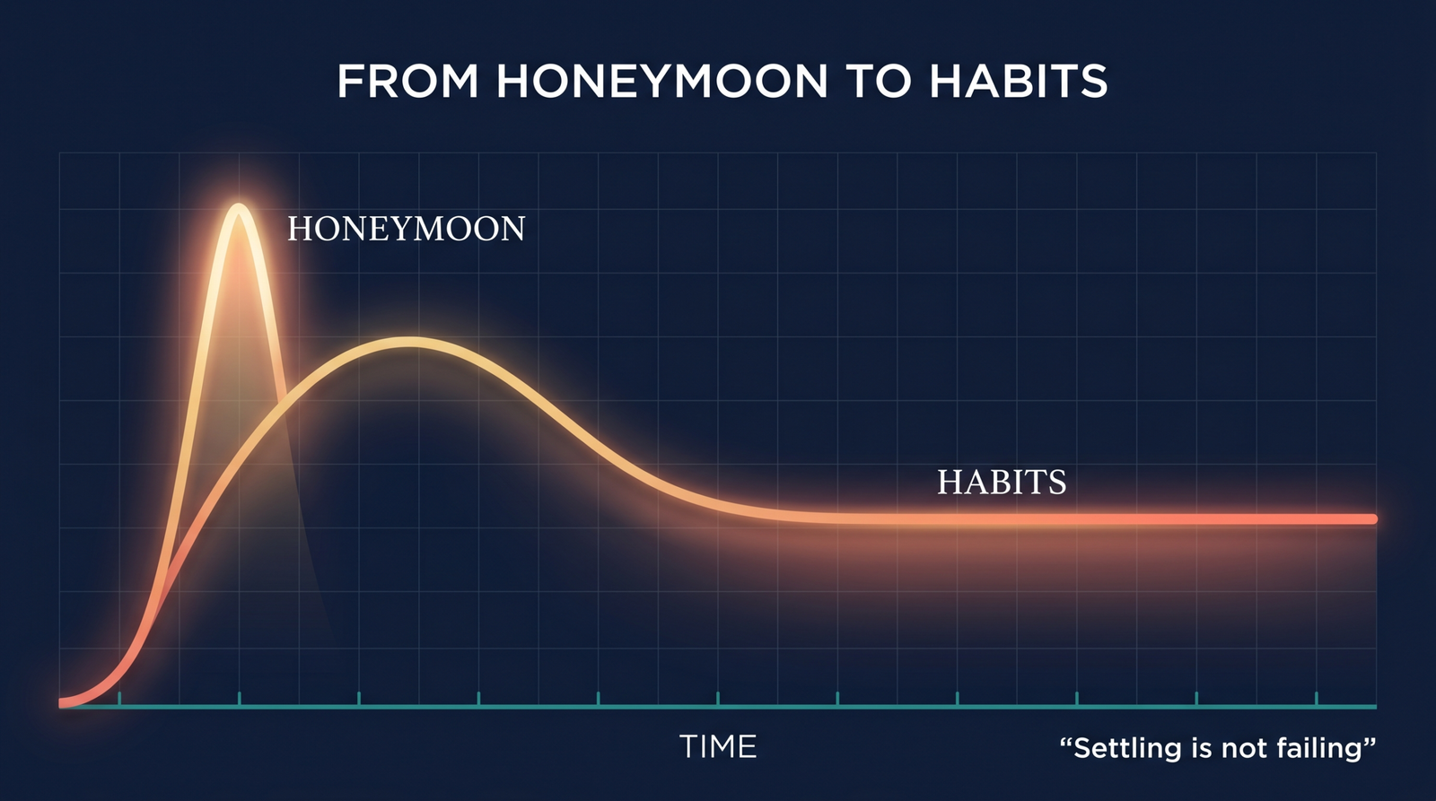 Line graph showing a chastity dynamic settling from an intense honeymoon phase into steady long-term habits.