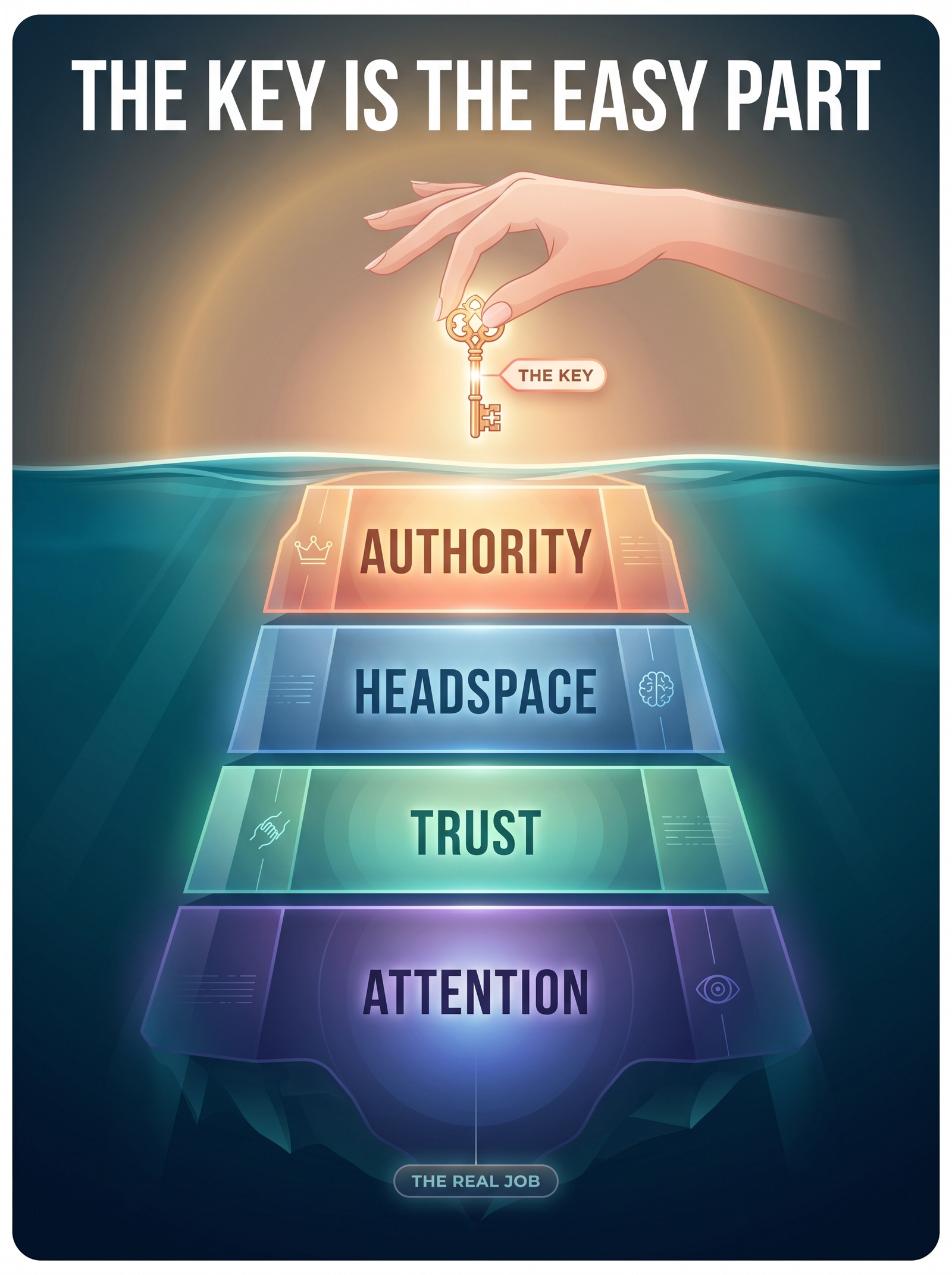 Keyholder chastity infographic: a key above the waterline while authority, headspace, trust and attention form the real submerged work.