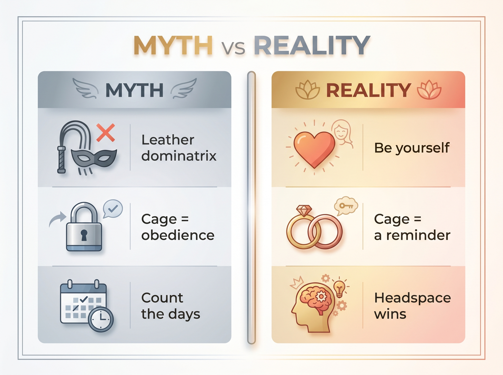 Keyholder myth vs reality infographic: the leather-dominatrix fantasy versus being yourself, the cage as a reminder, and headspace.