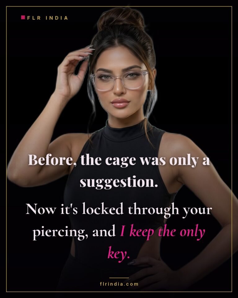 Prince Albert chastity caption — cage locked through his piercing and she keeps the only key.