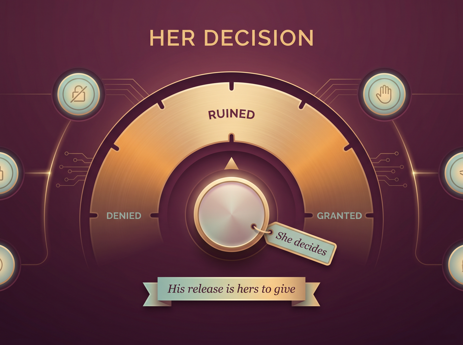 Ruined orgasm authority graphic: a release dial set between denied, ruined and granted, with the choice hers.
