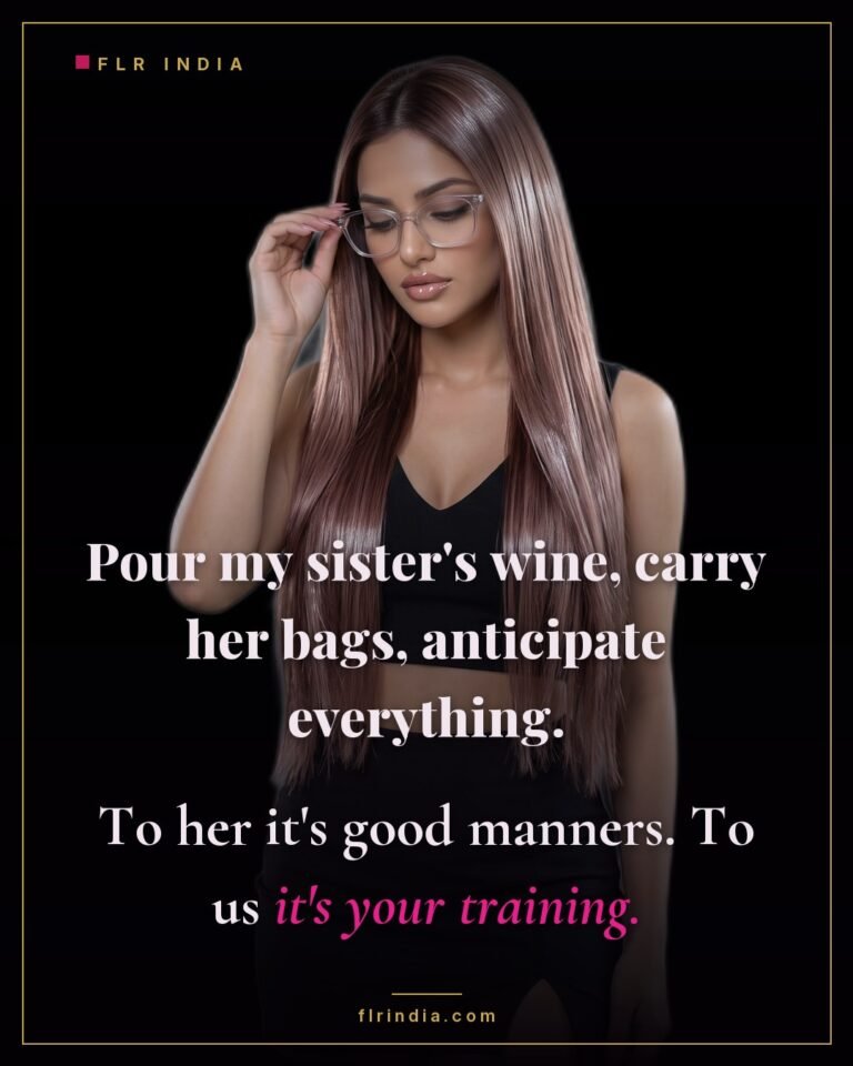 FLR caption — what the sister reads as good manners is really the husband's training.