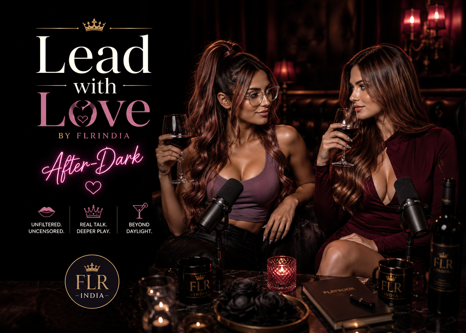 After Dark by FLR India — Miss Sana and her friend Tanya with wine glasses and podcast microphones in an intimate candlelit lounge