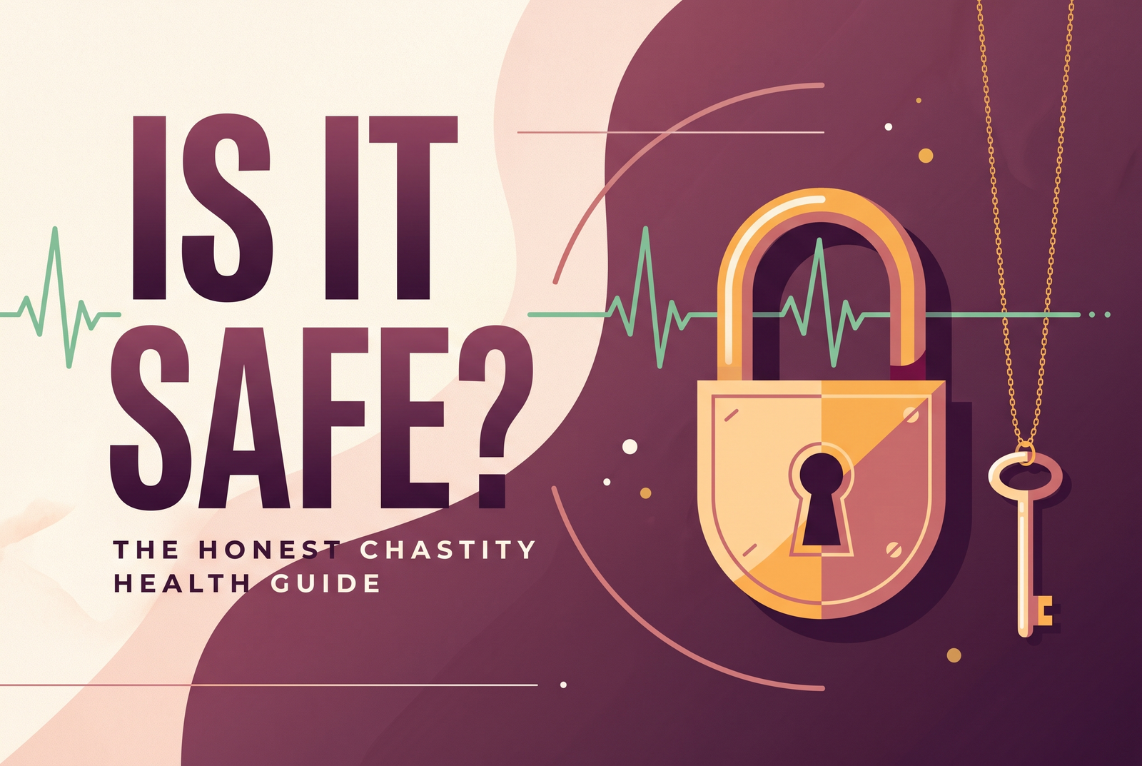 Chastity cage safety anchor graphic with a padlock, key on a chain and a heartbeat line beside the title Is It Safe?
