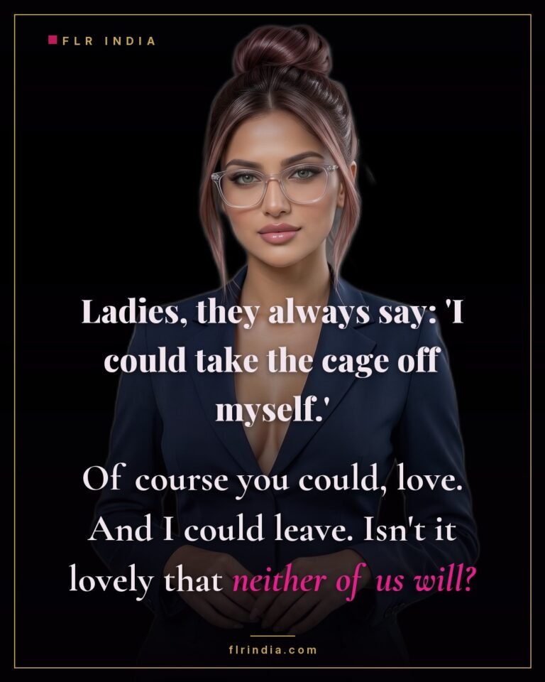Chastity caption — when he says he could remove the cage himself, she reminds him she could leave, and neither will.