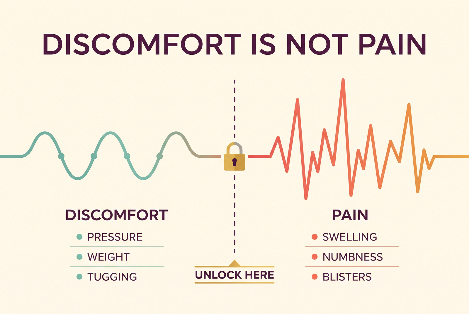 Chastity cage safety chart contrasting normal discomfort like pressure and tugging against pain warning signs including swelling and numbness