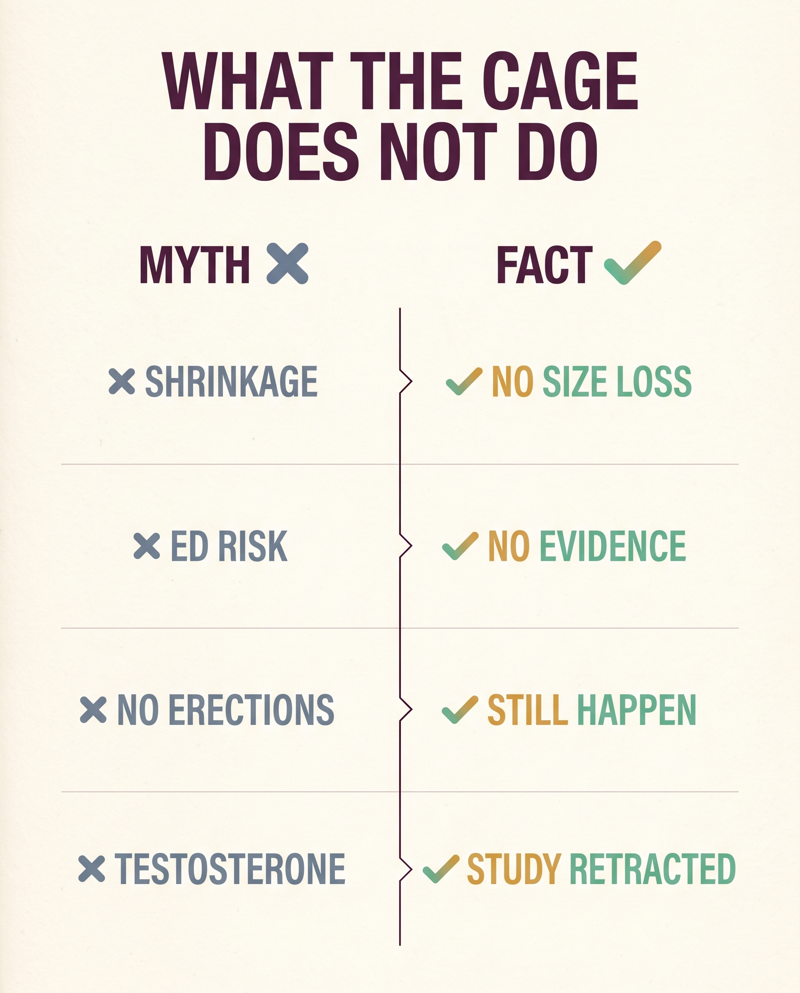 Chastity cage myth versus fact chart on shrinkage, erectile dysfunction, nocturnal erections and the retracted testosterone study