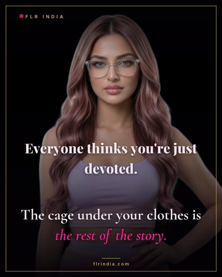 Chastity slave caption — everyone sees a devoted husband; the cage under his clothes is the rest of the story.