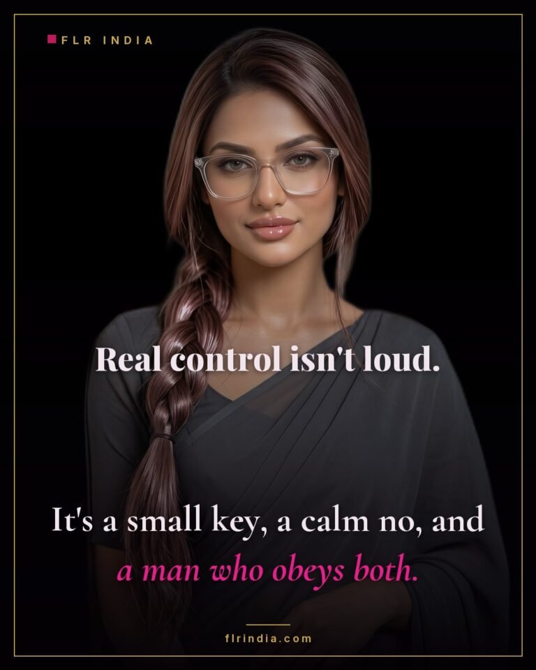 Femdom chastity caption — dominant wife defines control as a small key, a calm no, and a man who obeys both.