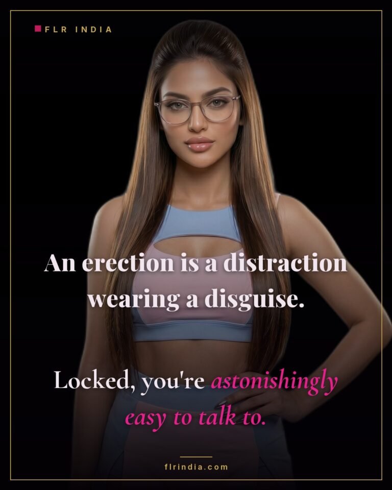 Femdom chastity caption — dominant wife reframes his erection as a distraction; locked, he's easier to talk to.
