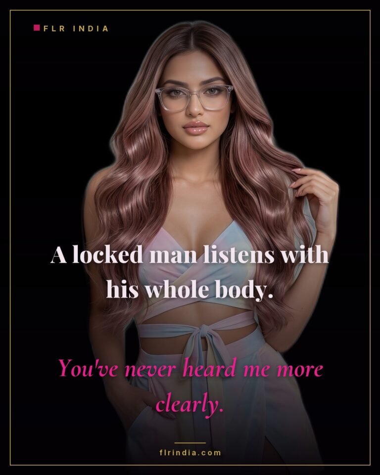 Femdom chastity caption — dominant wife observes a locked man listens with his whole body and hears her clearly.