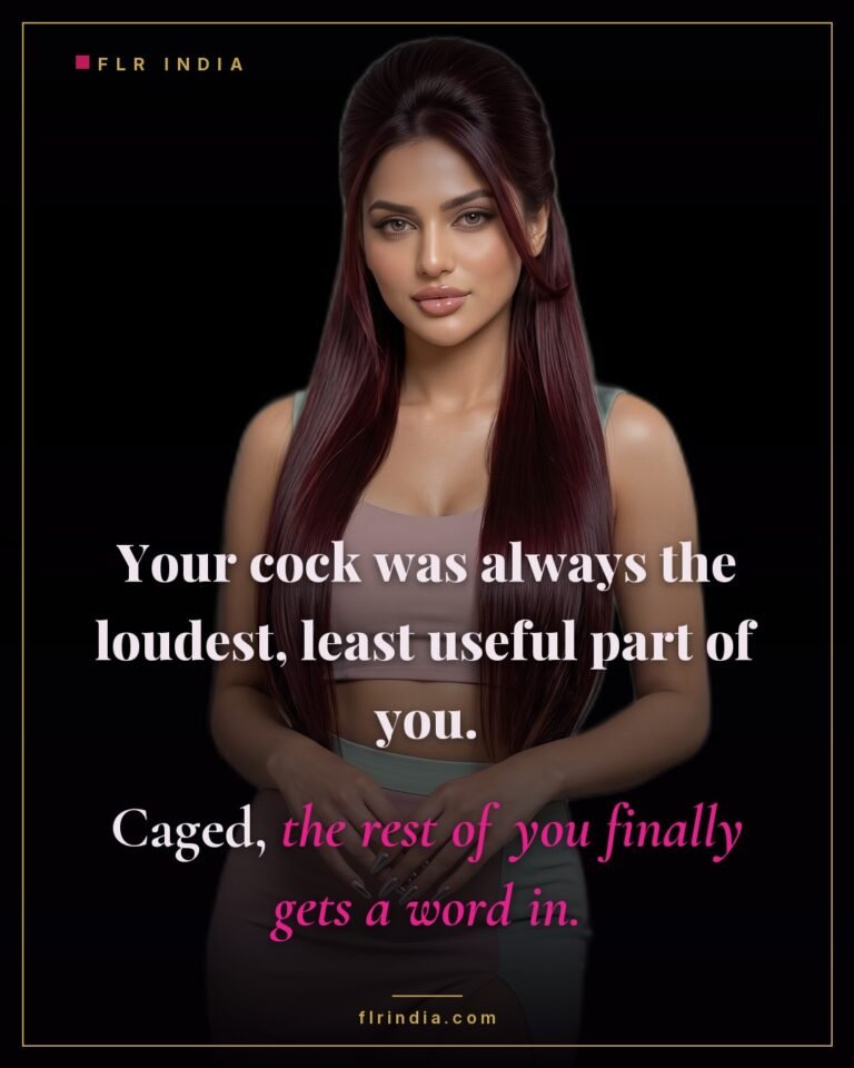 Femdom chastity caption — dominant wife reframes chastity as quieting the loudest, least useful part of her husband.