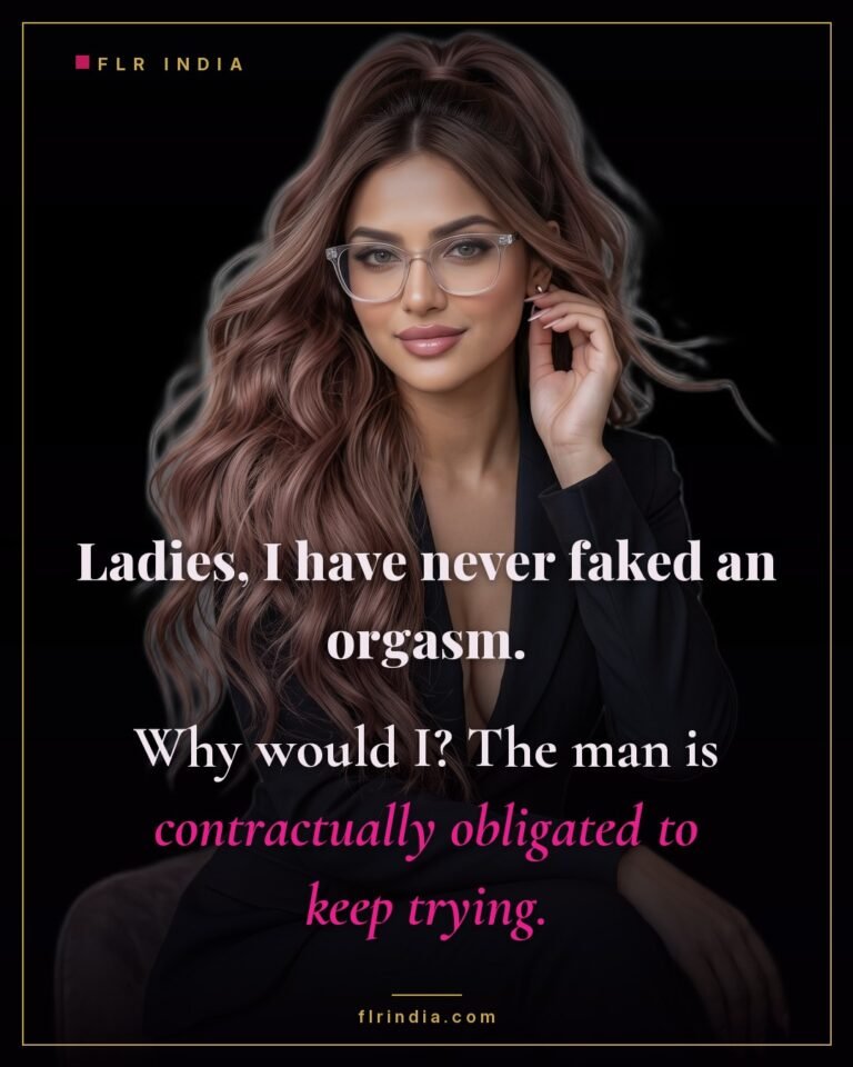 Femdom caption — wife jokes she has never faked an orgasm because her husband is obligated to keep trying.