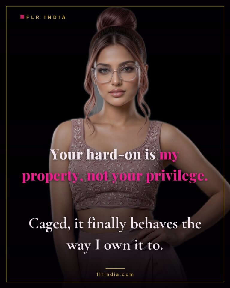 Femdom chastity caption — dominant wife calls her husband's erection her property, kept caged.