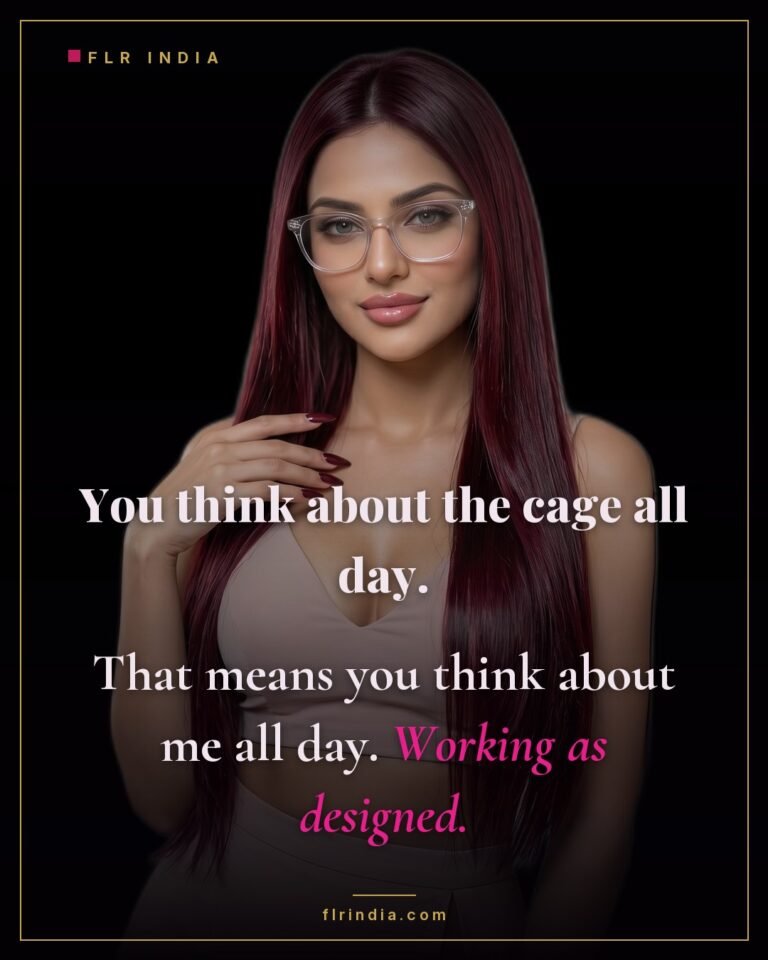Femdom chastity caption — dominant wife notes her husband thinks of the cage, and therefore her, all day by design.