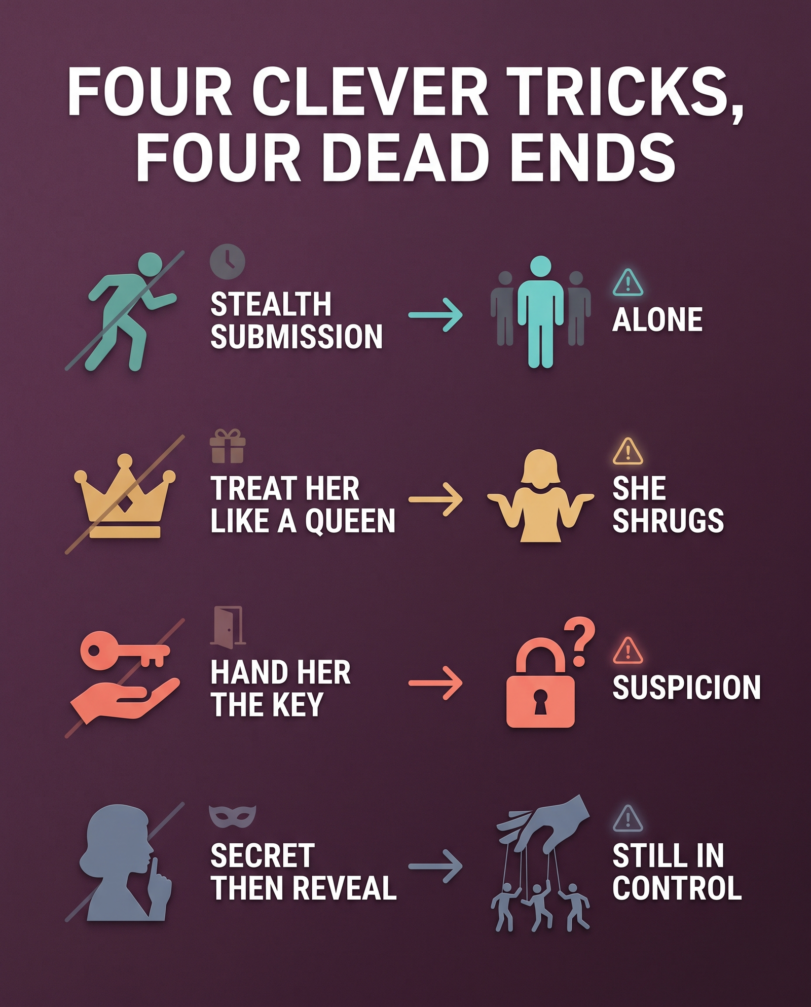 Infographic: four FLR asking tricks that backfire, from stealth submission to handing her the key.