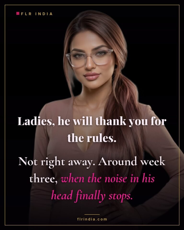 FLR tips caption — a submissive man thanks his wife for the rules around week three, when his mind quiets.
