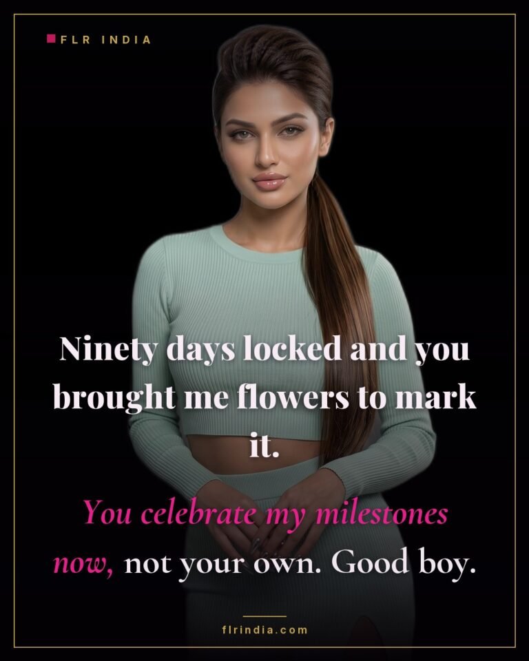 Good boy chastity caption — wife praises her husband for celebrating ninety days locked with flowers for her.