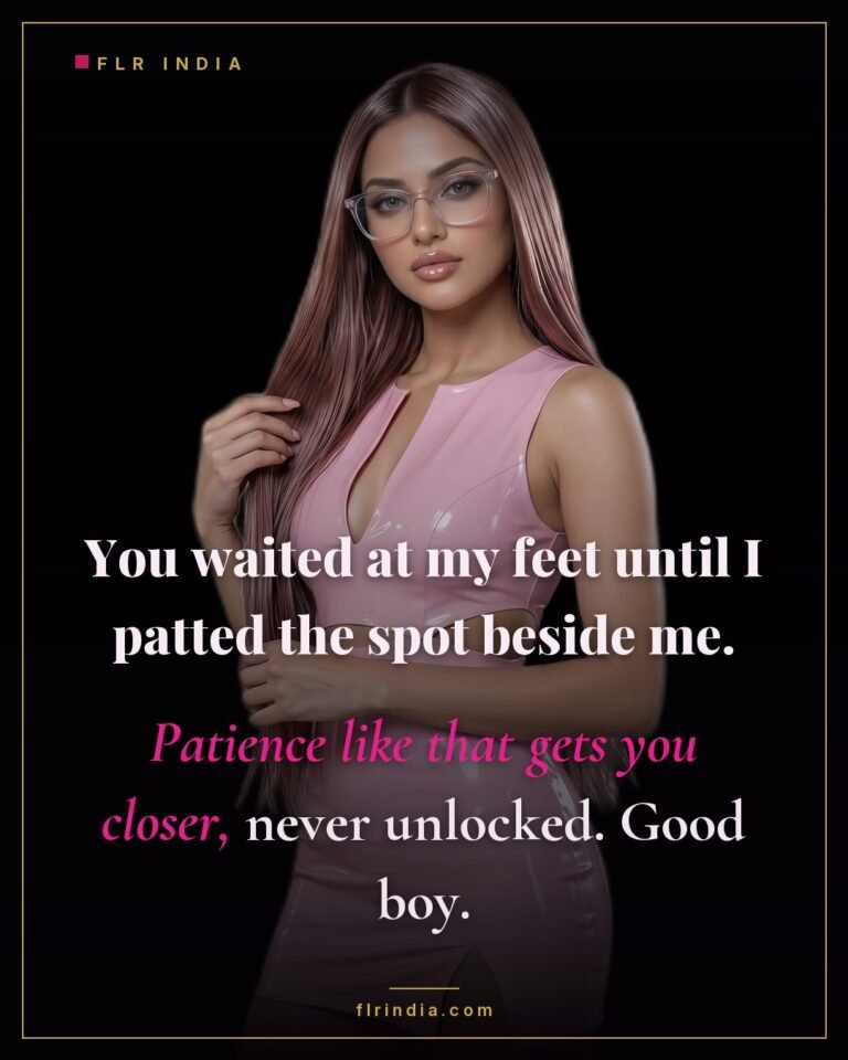 Good boy chastity caption — wife praises her husband for waiting at her feet to be invited up.