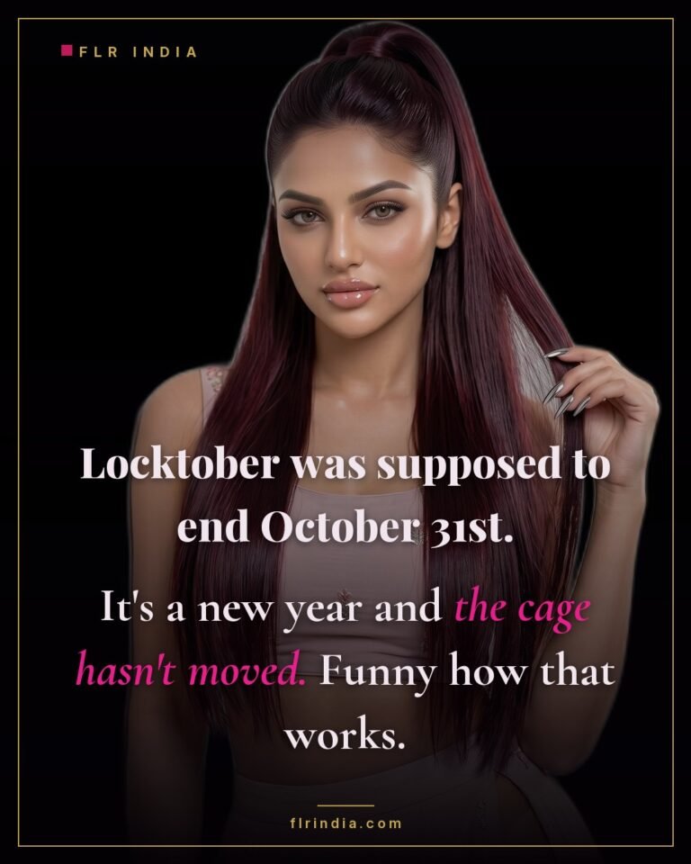 Locktober caption — wife notes the cage stayed on long past October into the new year.