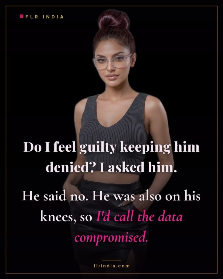 Orgasm denial caption — wife jokes that her kneeling husband's consent to denial is enthusiastically given.