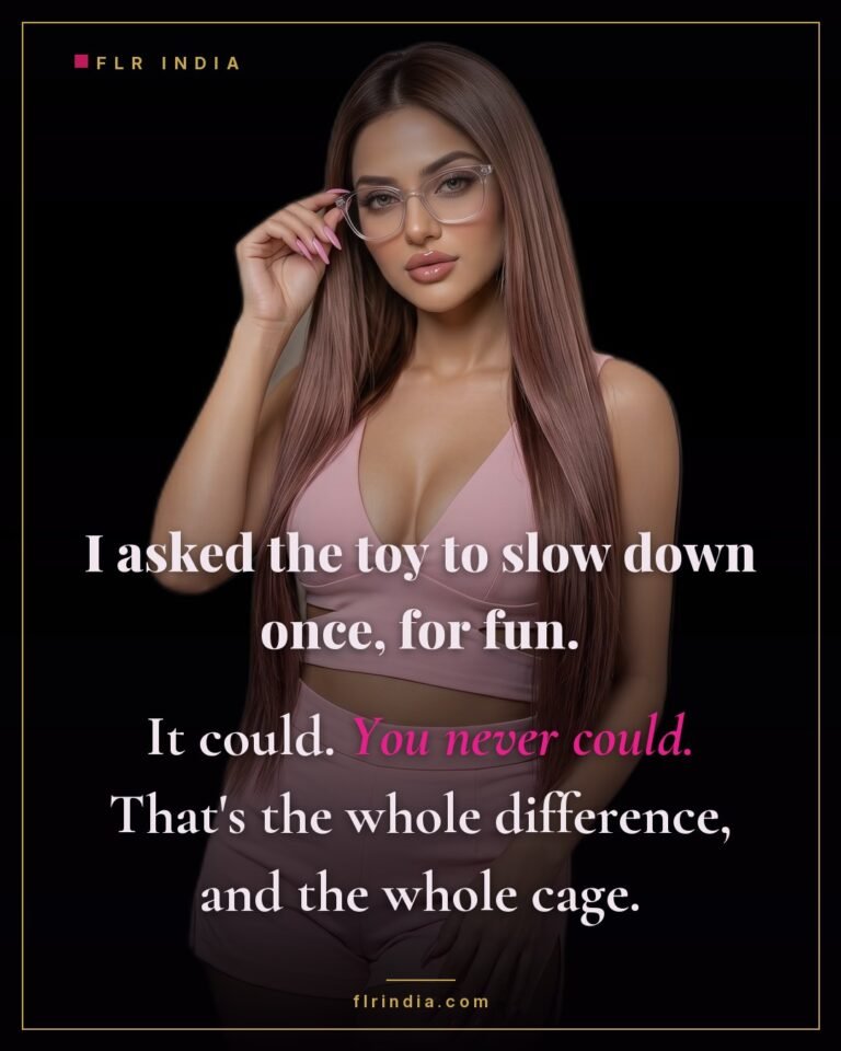 Premature ejaculation caption — wife contrasts a toy that can pace itself with her husband who can't, keeping him caged.
