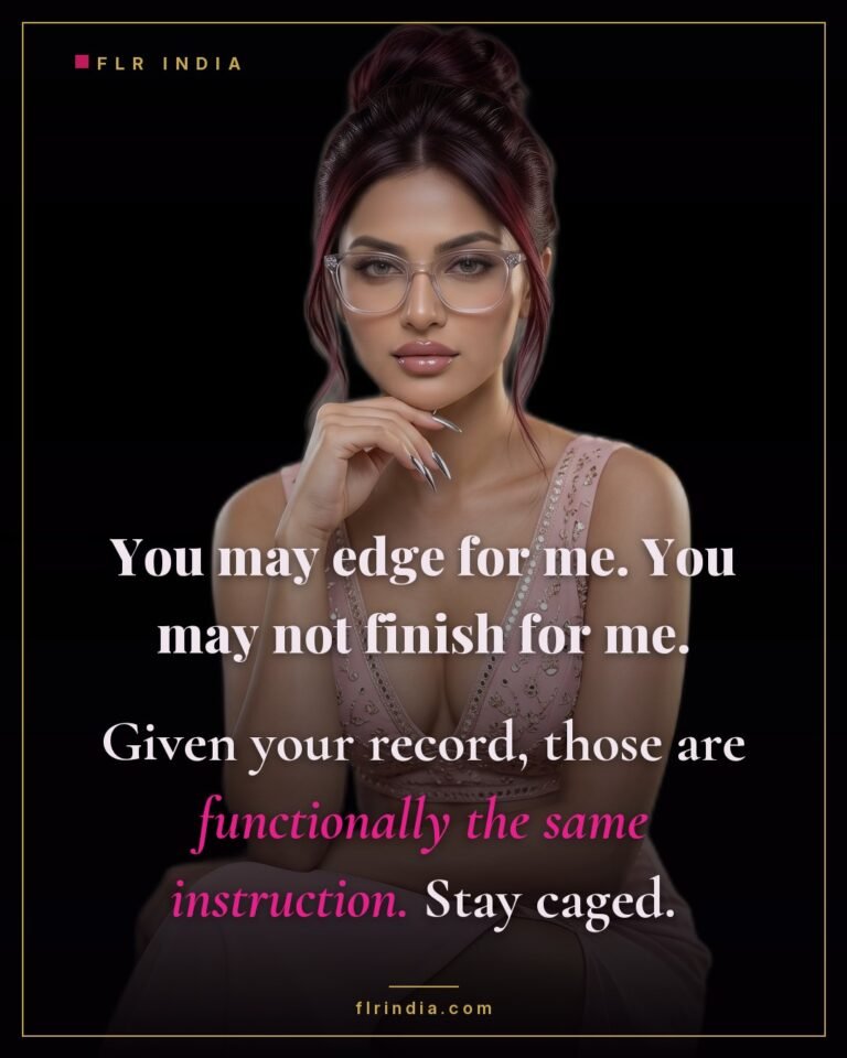 Premature ejaculation caption — wife notes edging and finishing are the same for her hair-trigger husband, so he stays caged.