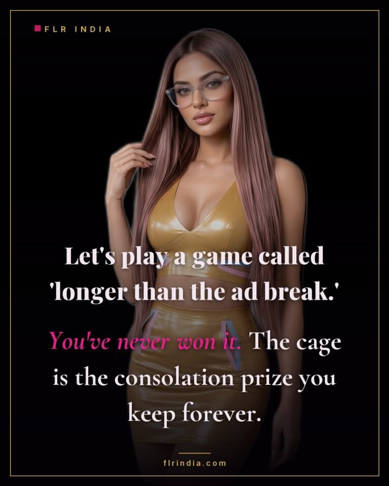 Premature ejaculation caption — wife jokes her husband can't outlast a commercial break, keeping him caged.