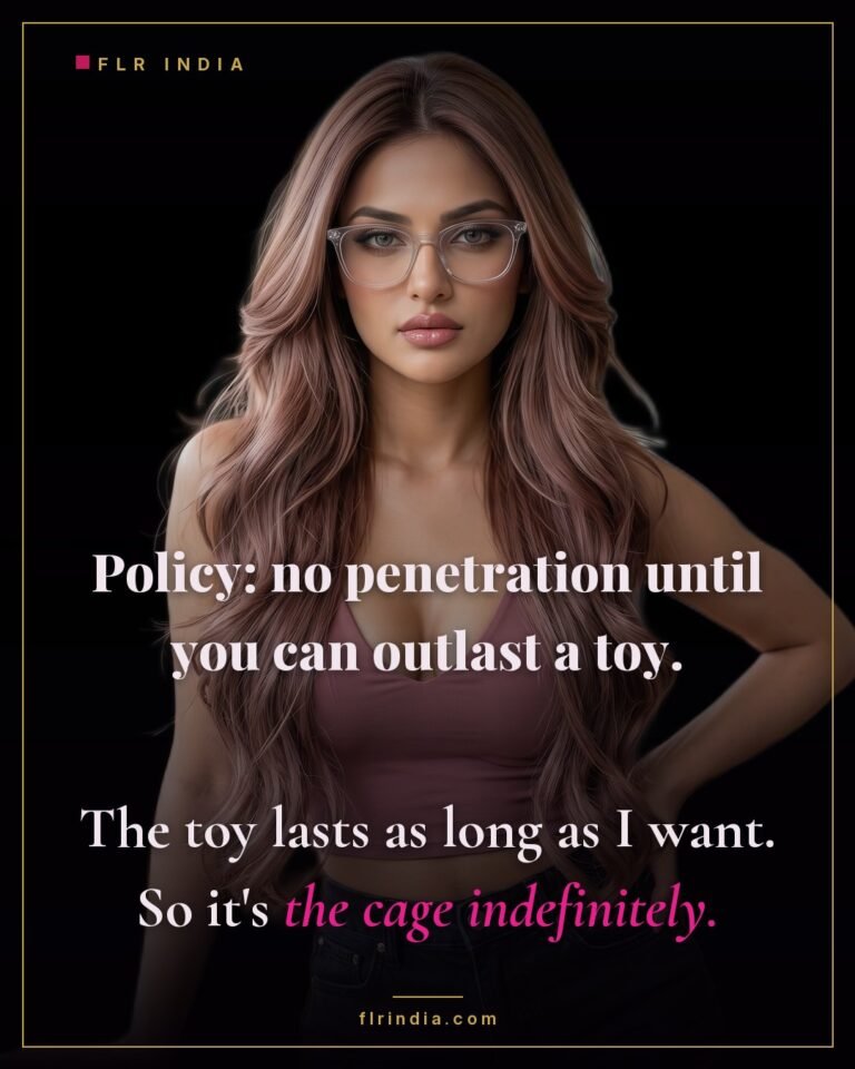 Premature ejaculation caption — wife bars her quick husband until he can outlast a toy, meaning indefinite caging.