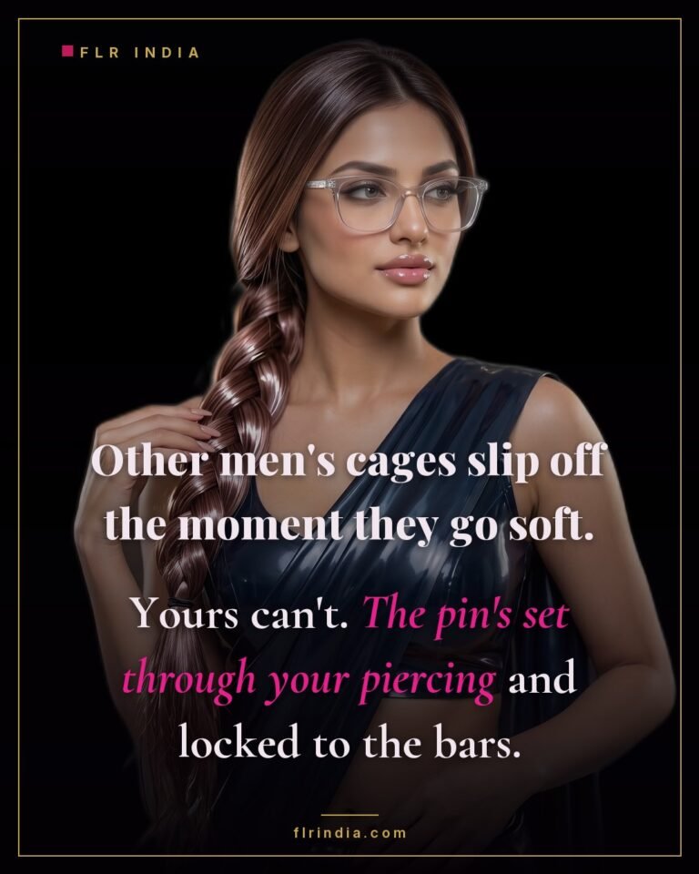 Prince Albert chastity caption — wife explains the PA pin locks his piercing to the cage bars, unlike escapable soft cages.